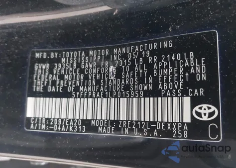 2020 Toyota Corolla Xle from USA, damaged, VIN 5YFFPRAE1LP015959